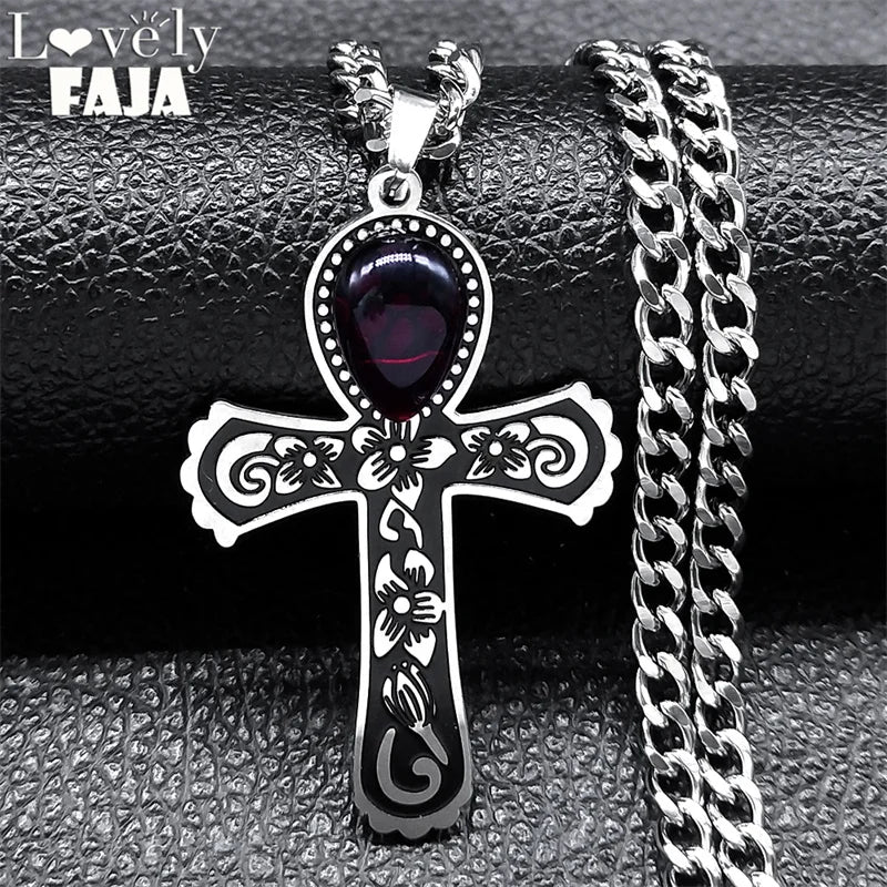 Goth Flower Egyptian Ankh Cross Pendant Necklace - Stainless Steel with Water Drop Red Glass, Jewelry Gift