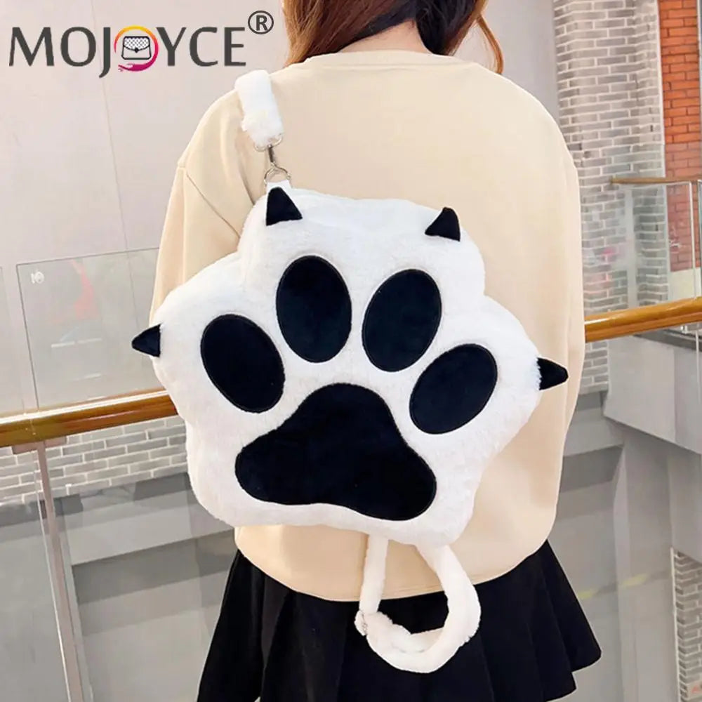 Cute Cat Paw Plush Backpack – Soft Furry Cartoon Purse with Adjustable Straps for Women and Girls