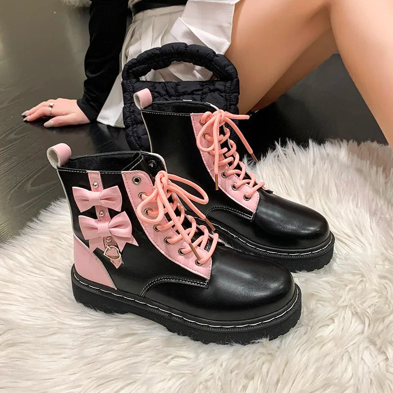 Kawaii Girl Pink Boots - 2023 New High-Top Lace-Up Butterfly Knot Women’s Motorcycle Boots, Fashion Student Platform Shoes