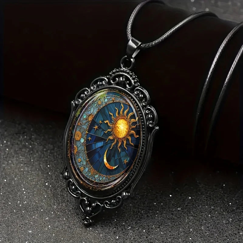 Enchanting Oval Glass Pendant Necklace - Sun & Moon Pattern in Black Frame, Vintage Romantic Jewelry for Anniversary Party Gifts