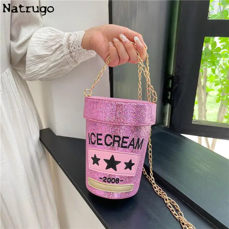 Funny Cute Cup-Shaped Shoulder Bag - Ice Cream Printed Bucket Bag, Ladies' Crossbody Messenger Purse Handbag