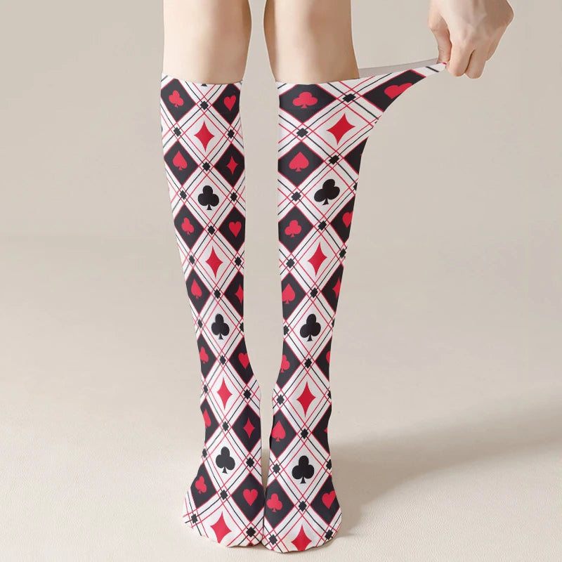 New fashion poker pattern thigh stockings ladies sexy love plaid sweet stockings Halloween Cosplay calf socks high quality