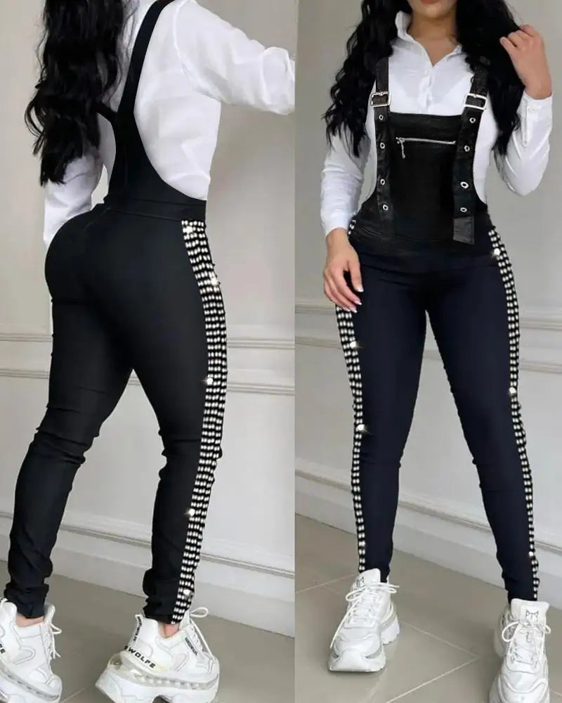 Elegant Rhinestone Decor Buckled Suspender Jumpsuit for Women | 2024 Spring Autumn Casual Plain Skinny Overalls | Black Bodycon Jumpsuits