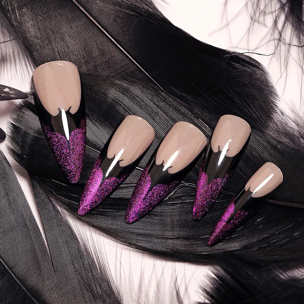 Halloween Long Stiletto Press-On Nails - Purple Glitter with Bat Design, French Tip, False Nails with Glue