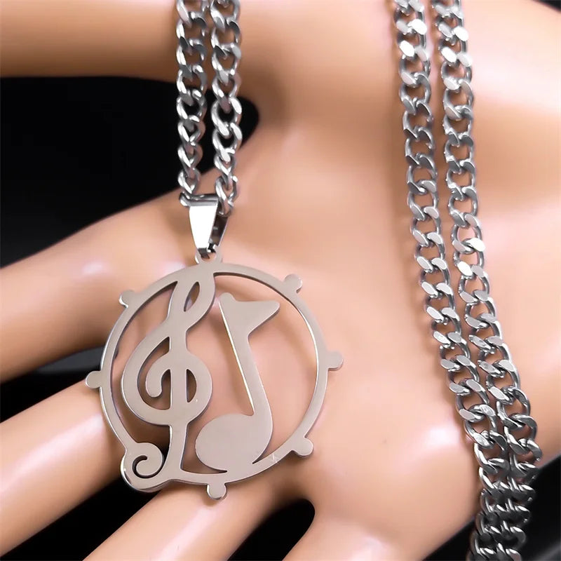 Stainless Steel Musical Note Pendant Necklace for Women and Men, Hip Hop Rock Music Band Jewelry