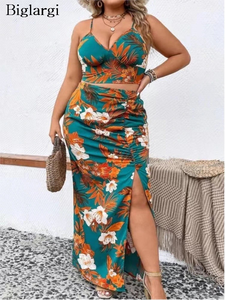 Plus Size Summer Floral Print Two Piece Set - Sleeveless Sexy Fashion Tops and Split Pleated Skirts for Women