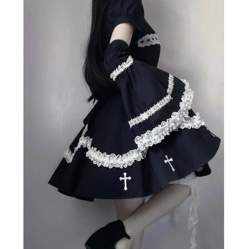 Japanese Gothic Cosplay Dress Female Harajuku Maid Kawaii Lolita Dress Women Costumes Hollow Out Long Sleeve Lace Y2k Clothes