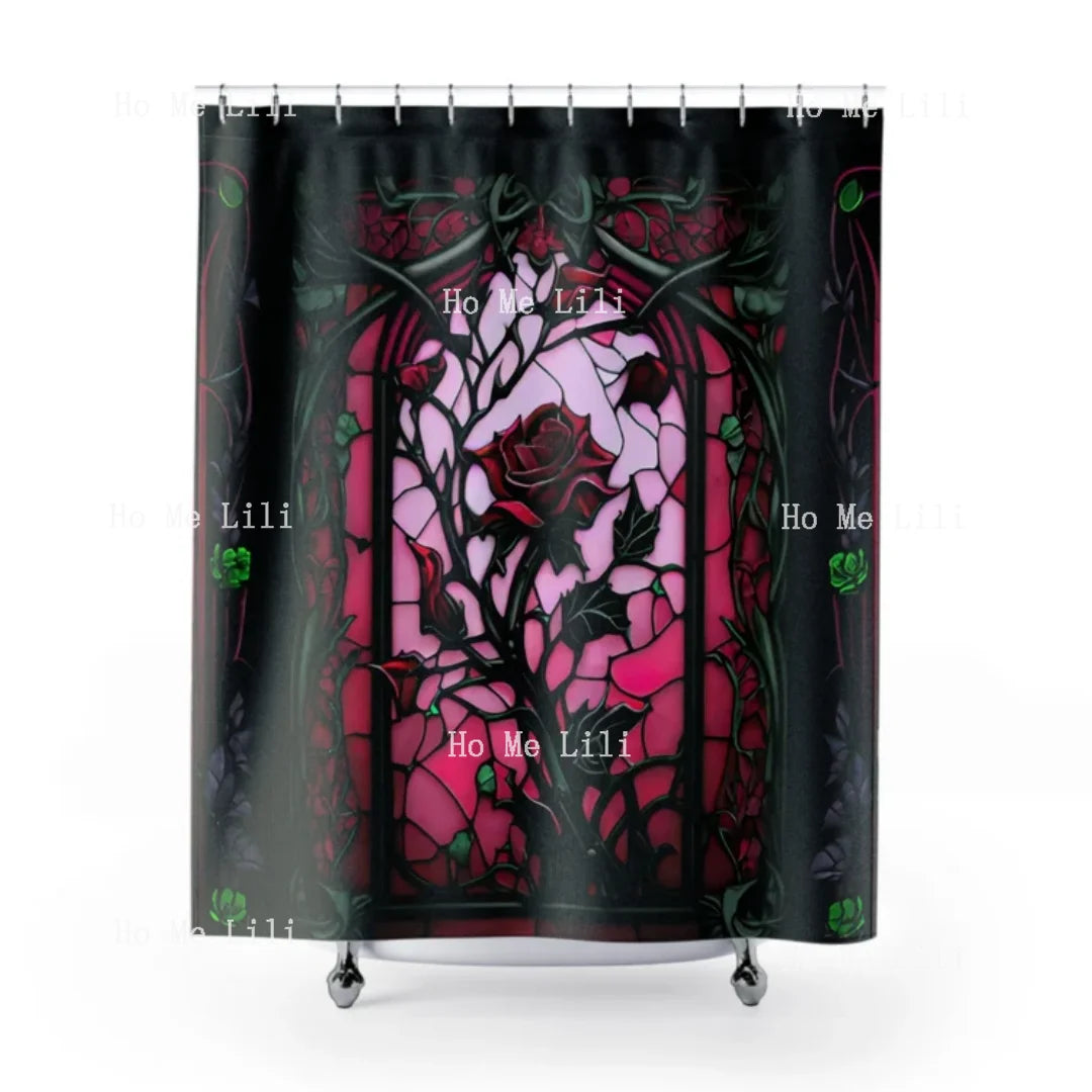 Gothic Stained Glass Rose Shower Curtain - Halloween Spooky Decor for a Haunted Bathroom