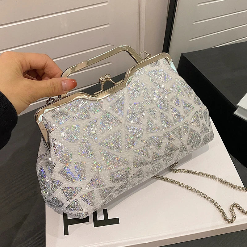 2023 Fashion Multicolor Sequin Evening Bag – Luxury Clasp Handbag, Women’s Chain Shoulder Crossbody Wedding Party Clutch