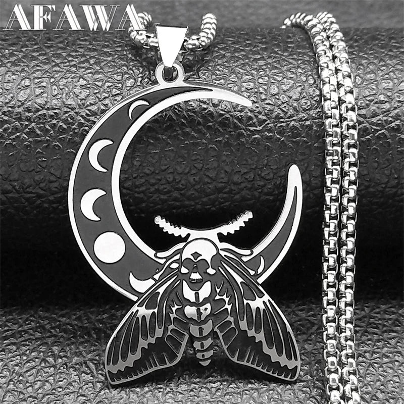 Witch Luna Moth Skull Crescent Necklace for Women Men Stainless Steel Gothic Insect Moon Phase Chain Jewelry colar N9624S02