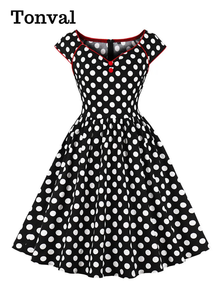 Tonval Contrast Binding Polka Dot Rockabilly Vintage Dresses for Women 2023 V Neck Button Front Pleated Cotton Pinup Elegant