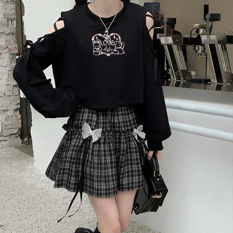 Kawaii Gothic Lolita Plaid Skirt - Women's Goth Bow Black High Waist A-line Mini Skirt, Japanese Style Harajuku Soft Girl