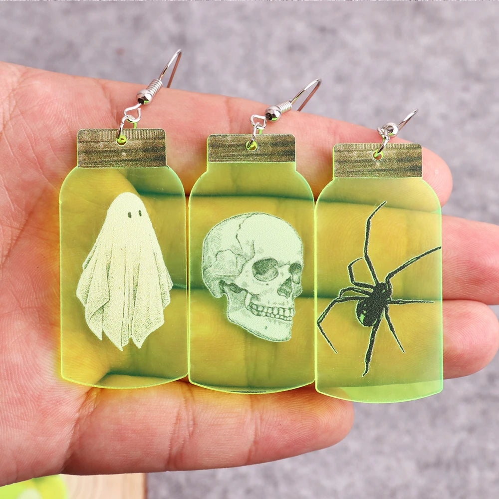 Trendy Skull Ghost Halloween Drop Earrings – Fluorescent Green Spider Bottle Acrylic Dangle Earrings for Women