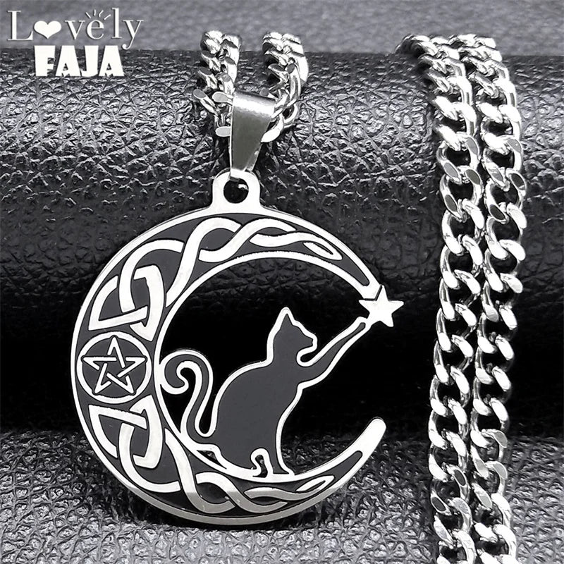 Celtic Knot Crescent Moon Cat Stainless Steel Witch Pendant Necklace