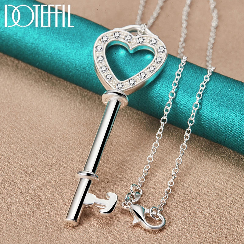 DOTEFFIL 925 Sterling Silver Heart Key Pendant Necklace with AAA Zircon - 18-30 Inch Chain, Fashion Wedding Engagement Jewelry for Women