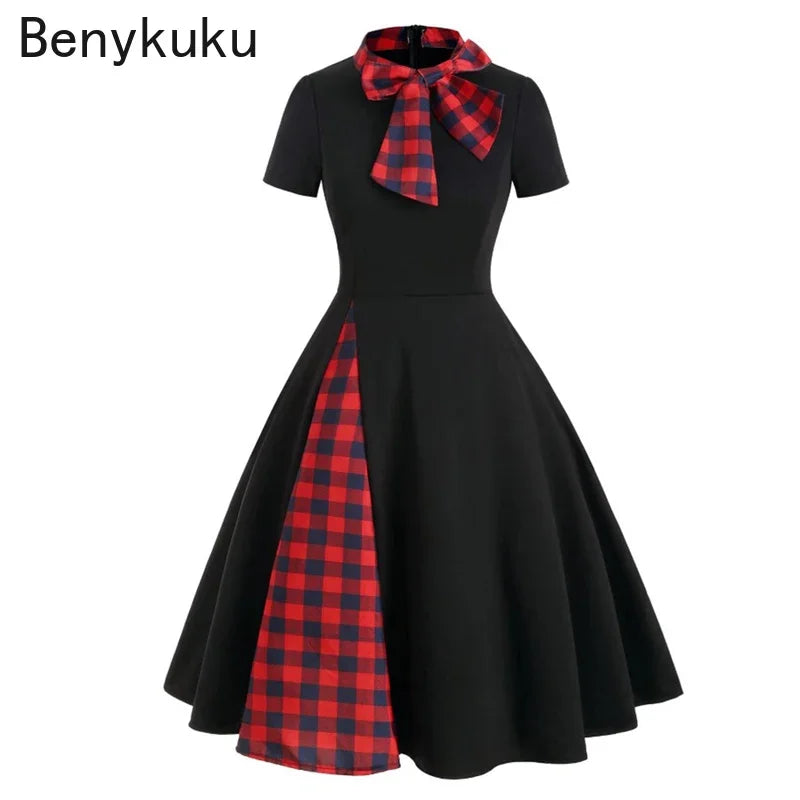 2024 Patchwork Plaid Summer Dress - Women's Vintage Rockabilly Swing Party Dress with Bow Collar