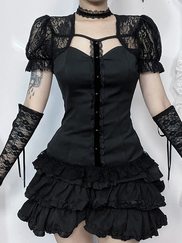 Women's Summer Gothic Top 2024 – "Blood Together To Diablo" Style featuring a lace splicing design with dramatic bubble sleeves.