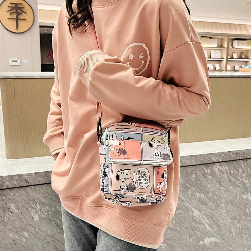 MINISO Disney Cartoon Shoulder Bag - Cute Snoopy Crossbody Phone Bag, Mini Square Printed Canvas Bag with Adjustable Straps