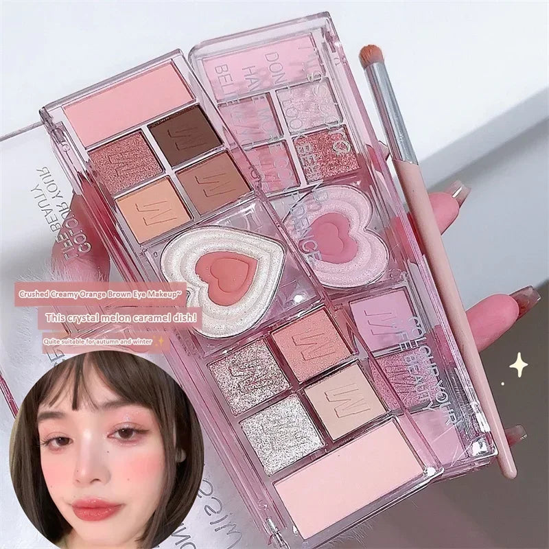 12-Color Love Heart Pink Eyeshadow Palette – Cool Tone Matte Shades, Low Saturation Brown Korean Makeup