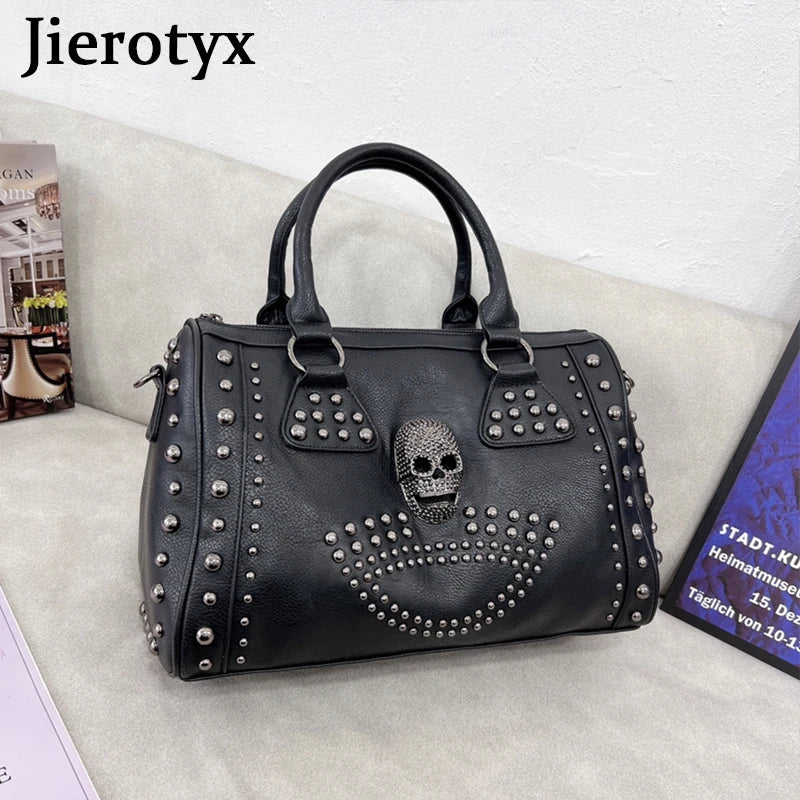 JIEROTYX Trendy Metal Skull Studded Black Handbags – Gothic Rivet Women's Purse, Satchel, Shoulder Bags with Large Capacity