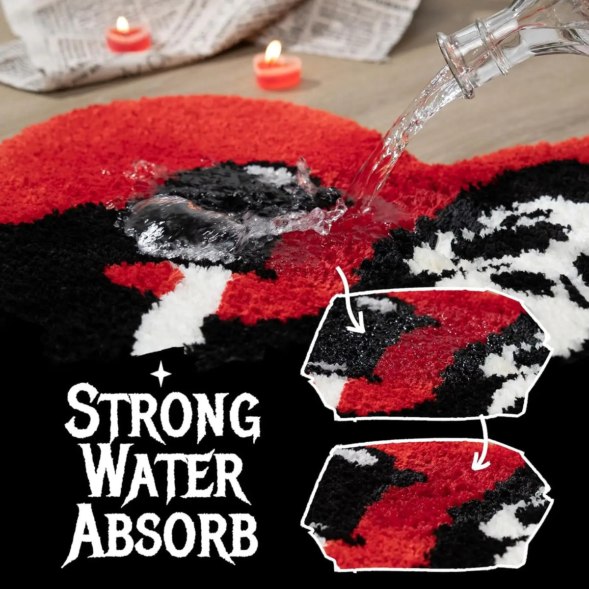 Halloween Absorbent Bath Mat | Black Red Non-Slip Gothic Soft Fluffy Carpet | Washable Cartoon Rug