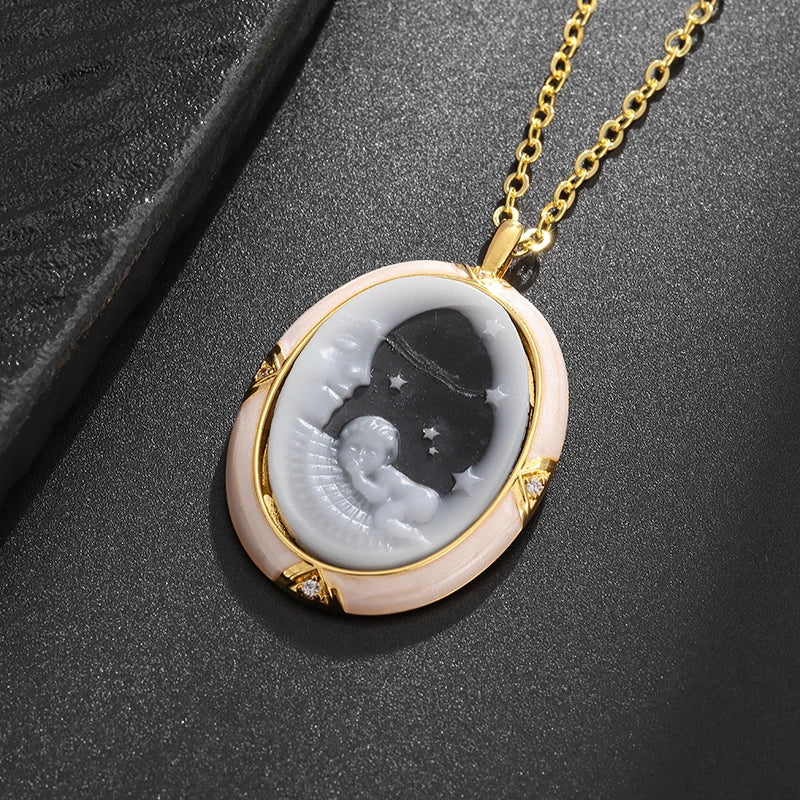 Ladies Elegant Onyx Cameo Moon Angel Pendant Necklace Girls Good Luck Dinner Jewelry Gift