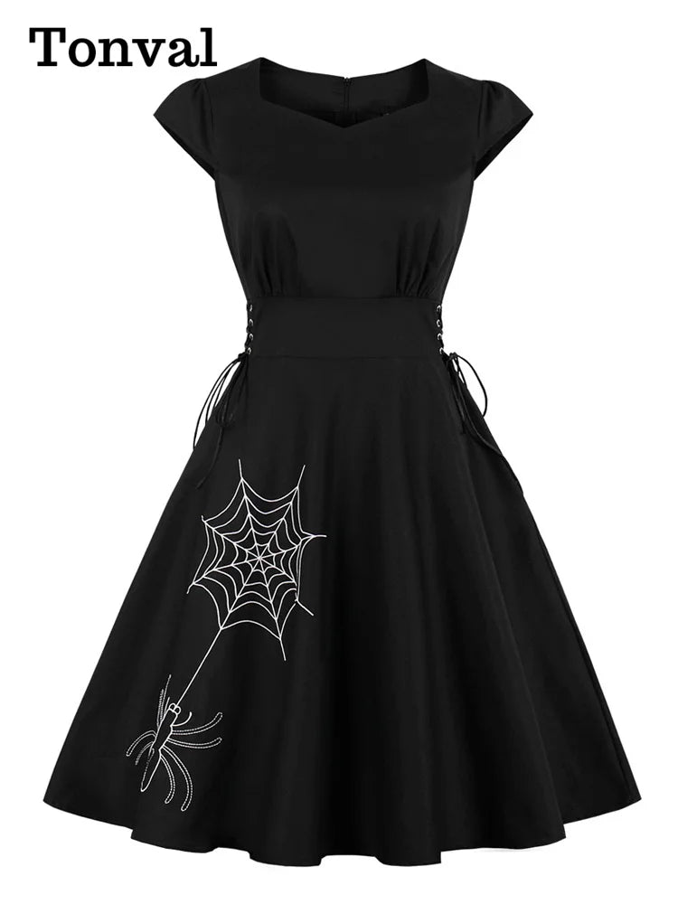 Tonval Sweetheart Neck Bat Embroidered Lace-Up Side Black Vintage Dress Women Halloween Party Festival Clothing Cotton Dresses