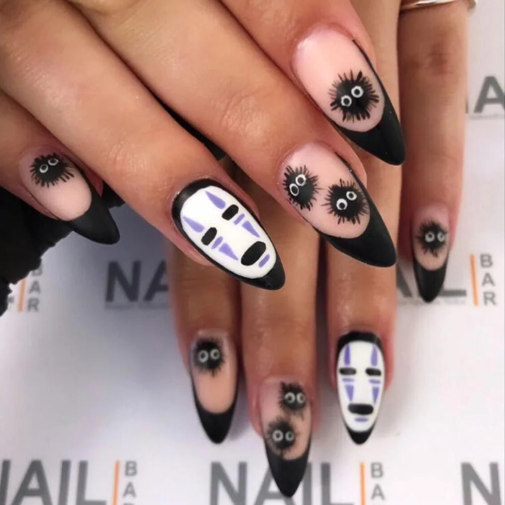 24Pcs Halloween Almond False Nails with Glue Flame Ghost Design Fake Nail Tips Long Oval Press on Nails Full Cover Manicure