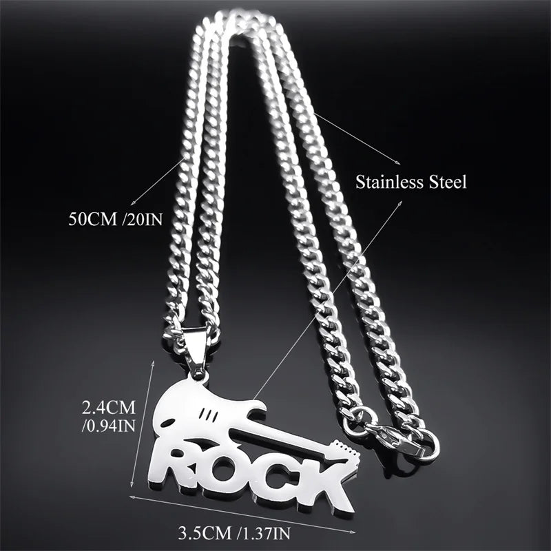 Electric Guitar Rock Hip Hop Necklace – Stainless Steel Musical Band Chain Necklace Jewelry for Men and Women