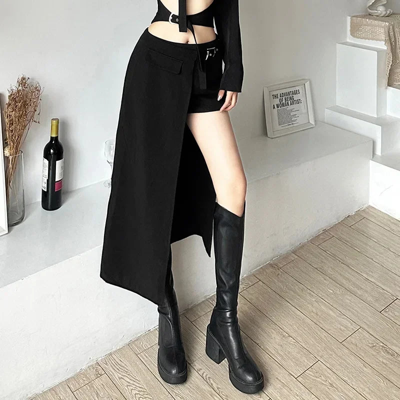 Goth Dark Sexy Mini Irregular Hem High Waist Punk Rock Cargo Skirt