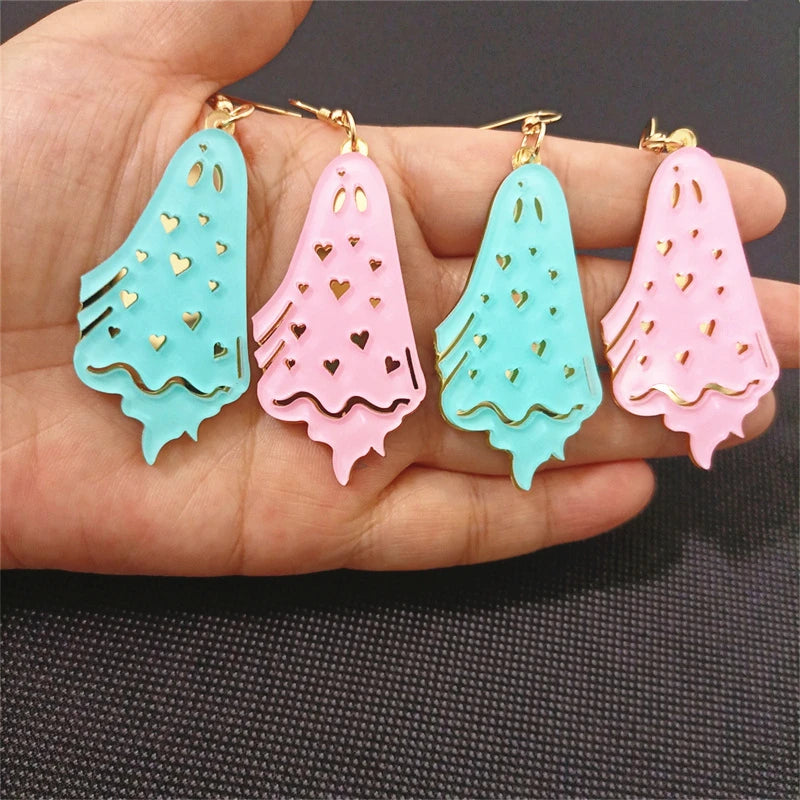 KUGUYS Halloween Lovely Ghost Dangle Earrings for Women Acrylic Jewelry Light Blue Pink Cute Cartoon Classic Accessories