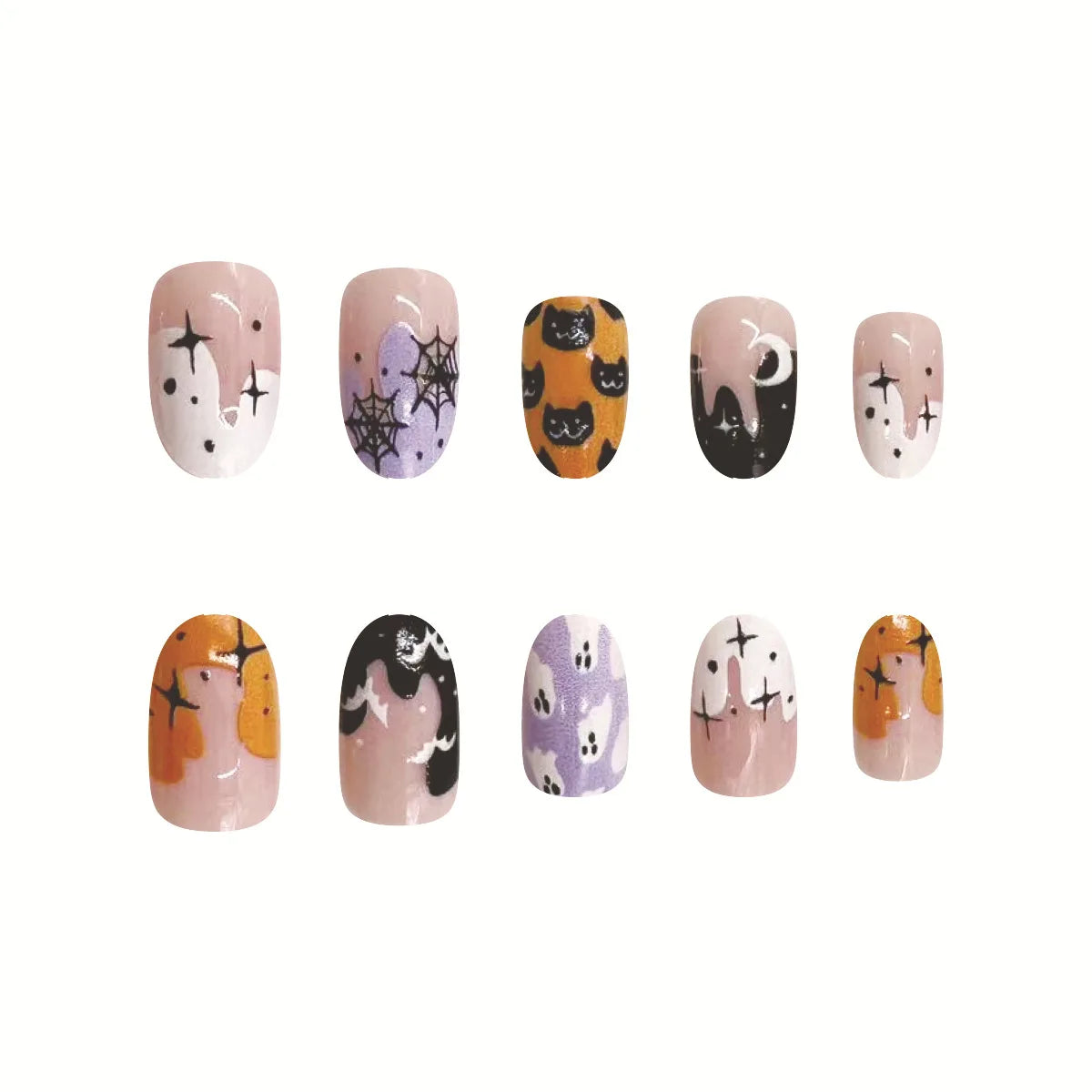 24pcs Cartoon Spider Bat Fake Nails Short Rounds False Nails for Women Girl Wearable Halloween DIY Manicure Press on Nail Tips