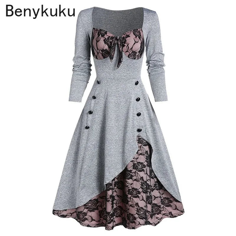 Plus Size Gothic Vintage Patchwork Lace Dress – Long Sleeve Bow Neck, Retro Button Dress for Spring & Autumn 2024