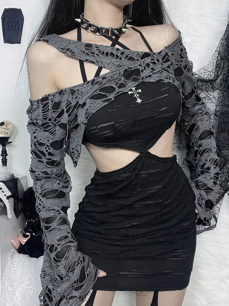 2023 Harajuku Hole Gothic Bandage Dress 2 Piece Tattered Halterneck Lace-up Bodycon Goth Black Dress Punk Long Sleeve Party Wear