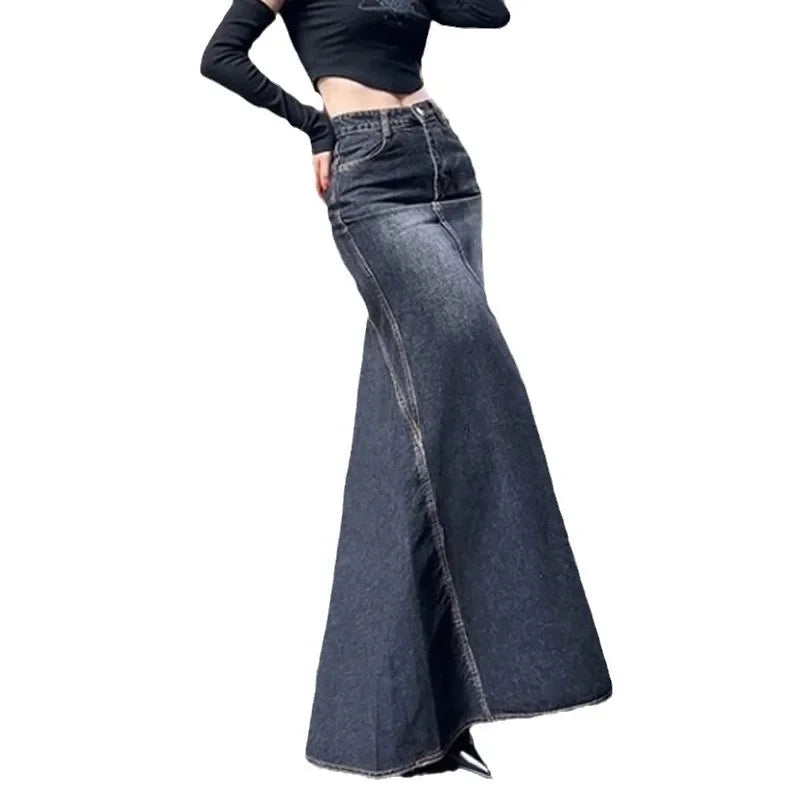 2023 Autumn New Vintage High-waisted Denim Skirt Women's Hip-hugging Long Skirt Split-line Flared Design Female Fashion