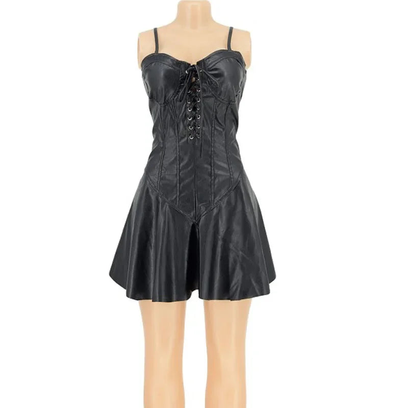 Sexy Spaghetti Strap Lace-Up PU Leather Bodycon Dress - Sleeveless Bandage Night Party Mini Club Dress