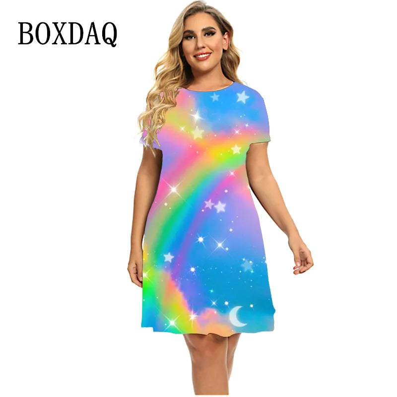 Stars And Moon Gradient Rainbow Women’s Short Sleeve O-Neck A-Line Plus Size T Shirt Dresses