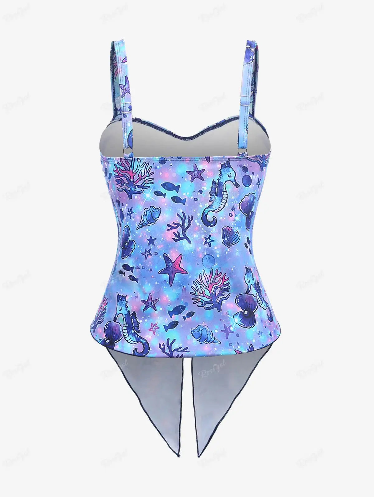 ROSEGAL Plus Size Three Pieces Women's Swimwears Seahorse Starfish Printed Tankini Top,Bottom And Asymmetrical Ruched Skirt Set