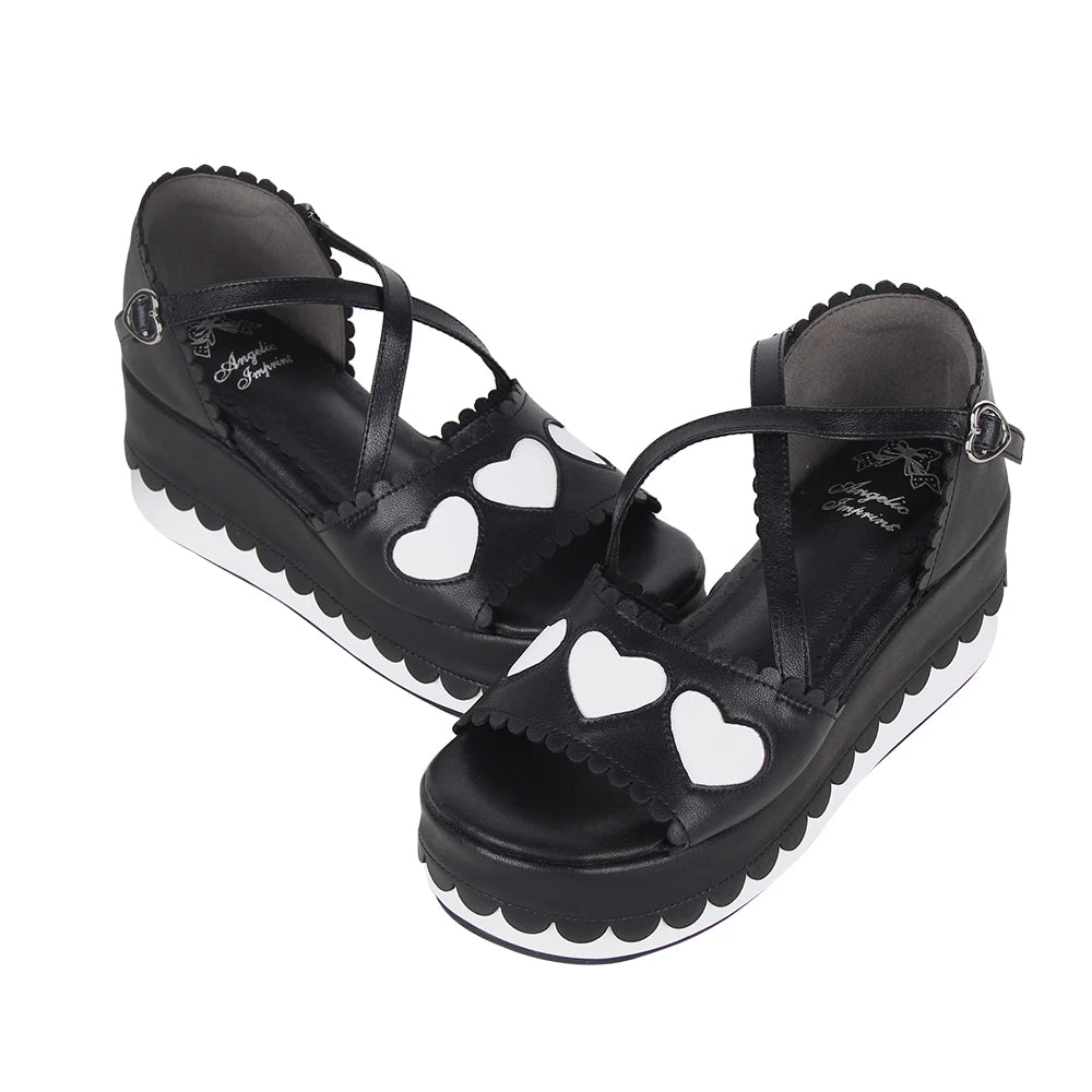 Women and Girls Lolita Punk Rock Black and White Sandals - 7cm Platform Shoes with Heart Accents