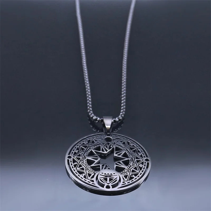 Goth Japan Anime Sakura Magic Circle Necklace - Card Captor Pentacle Hexagram Sacred Geometry Stainless Steel Jewelry (N42)