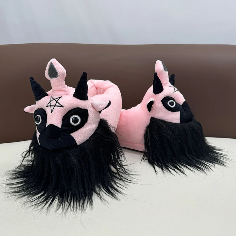 Highland Cow Diablo Series Plush Slippers – Horror-Themed Fluffy House Shoes, Dark Lord King Design