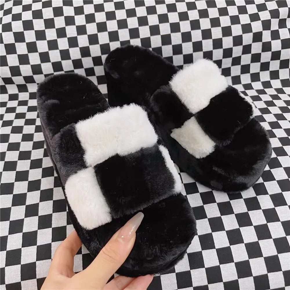 Women's Plush Slippers Sandals - Customized High Thick Heels, Summer Dress Pumps (Sizes 31-48) in Black and White Checkerboard