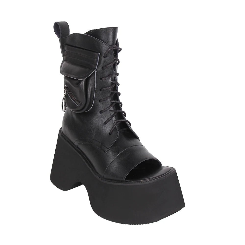 Women’s Motorcycle Style Punk Boots - Dark Gothic High Heels with Open Toe, Pocket Detail, and Chunky Platform