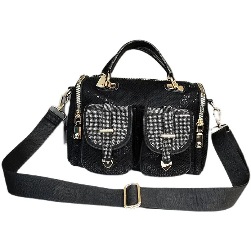 Luxury Rhinestone Women’s Bag - Shining Sequins Crossbody Shoulder Bag with Large Capacity, Black Top Handle Handbag