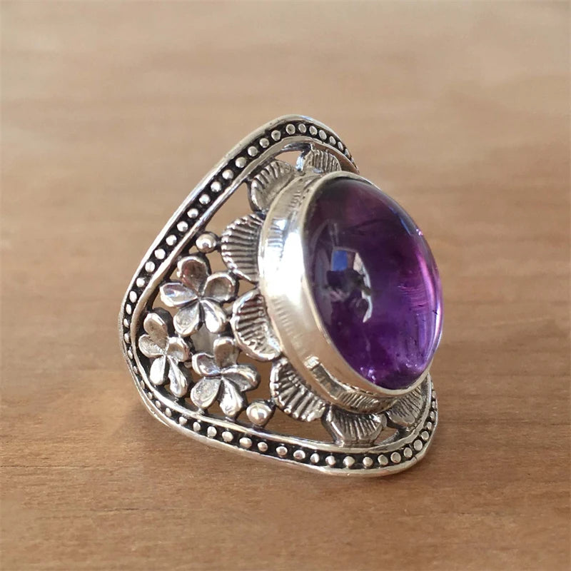 Vintage Oval Purple Zircon Ring for Women – Silver Carved Hollow Flower Design Engagement Jewelry