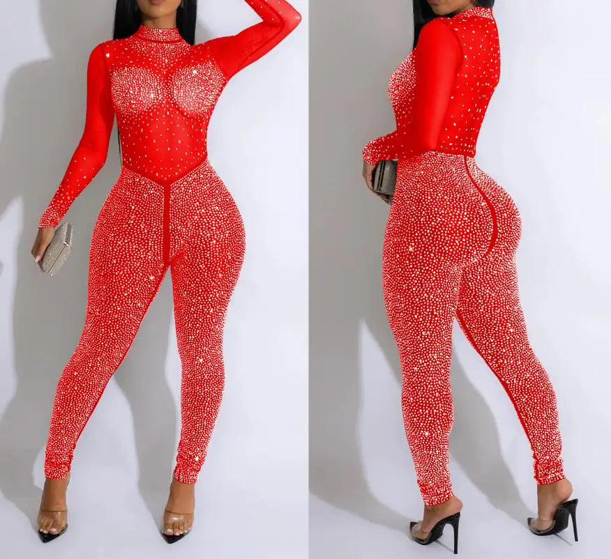 Sexy Party Jumpsuit for Women – Solid Mesh with Rhinestones, Long Sleeve Pants Jumpsuit, Clubwear & Streetwear