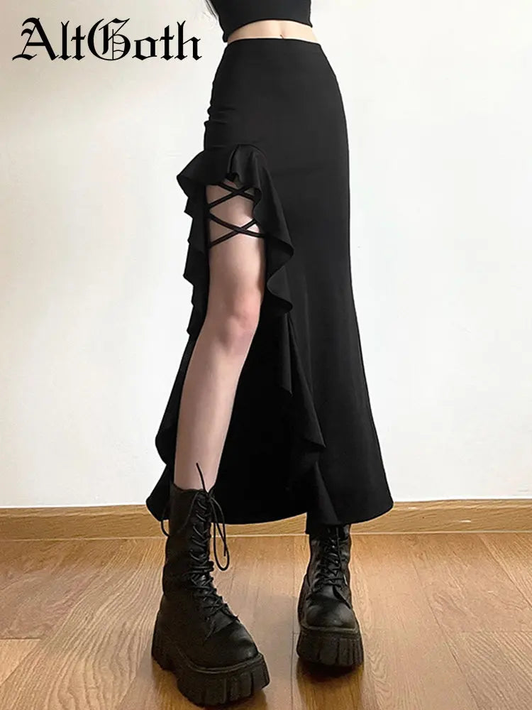 AltGoth  Coquette Mall Goth Skirt Women Streetwear Grunge High Waist Irregulr Split Skirt Vintage Emo Alternative Indie Clothes