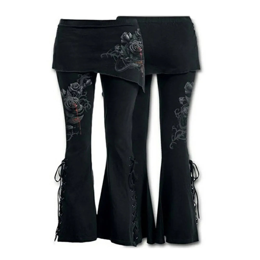 Gothic Punk Lace-Up Black Pants - High Waist Stretch Flared Leggings with Skirt for Women