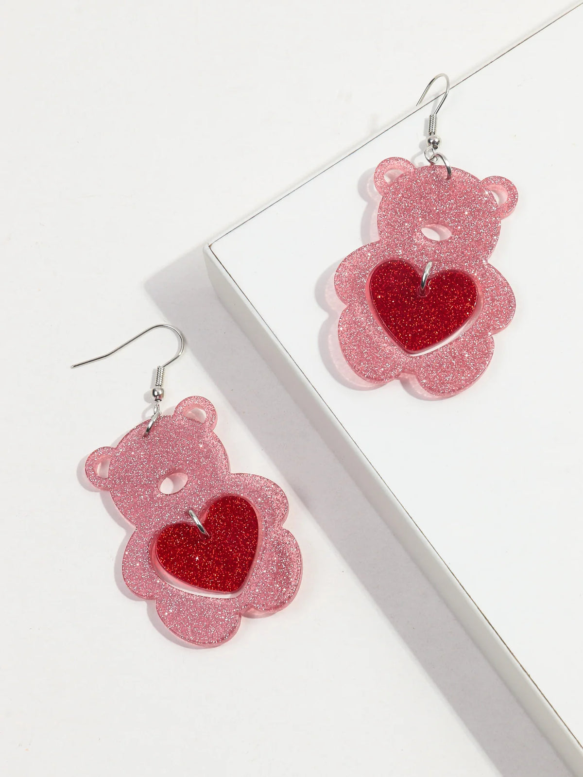 Valentine's Day Pink Acrylic Bear Heart Drop Earrings - Cute Resin Pendant Earrings for Women and Girls, Lovely Gift