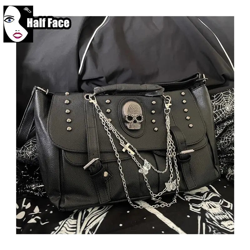 Y2K Harajuku Gothic Punk Skeleton Head Chain Crossbody Bag - Spicy Girls Locomotive Subculture Lolita Tote